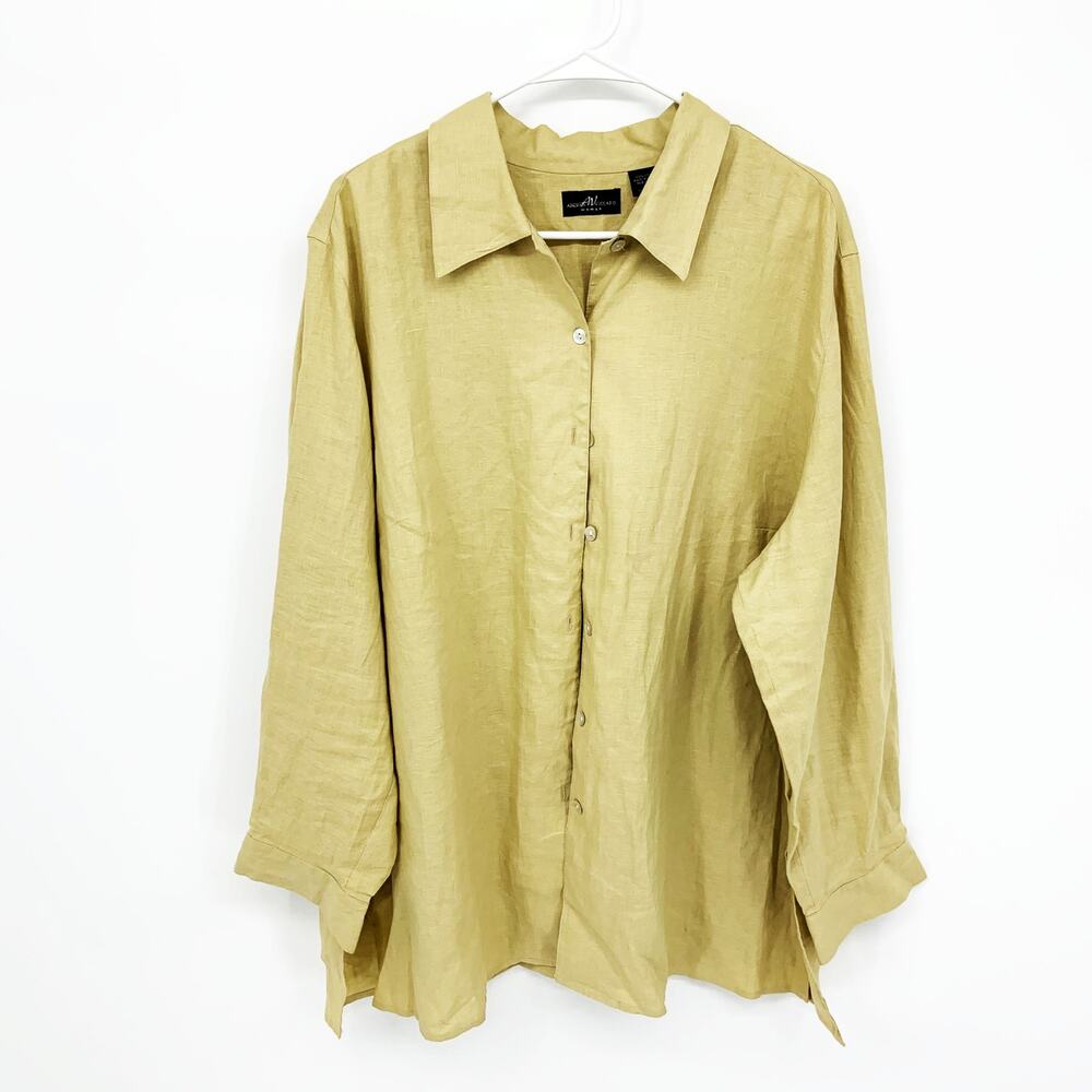 Womens Andrea Viccaro Beige Button Up Shirt Size 1X 100% Linen